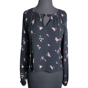 Hollister black floral tie neck long sleeve peasant blouse size medium